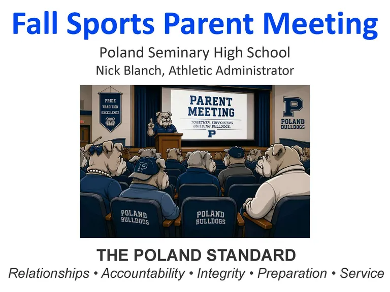 An opening slide from the 2026 Fall Sports Parent Meeting Slideshow. The slide features a cartoon graphic of Bulldogs in an auditorium watching a presentation.