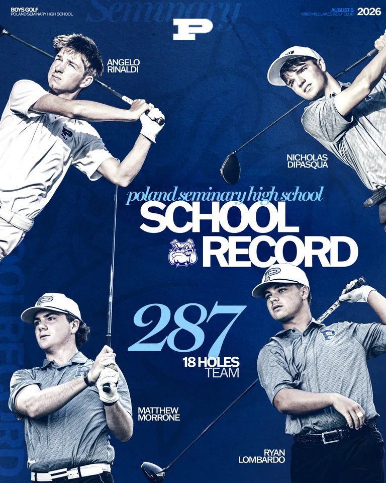 Poland Seminary High School Boys Golf team celebrates a school record score of 287 over 18 holes, August 6, 2026.