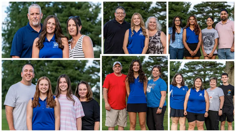 A collage of Poland Seminary High School 2026 girls golfers with their parents on senior night.