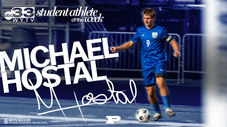 WYTV ABC 33 Student Athlete of the Week graphic honoring Michael Hostal, Poland Seminary High School Boys Soccer, 2026, shown dribbling a soccer ball in his blue Poland #9 jersey.