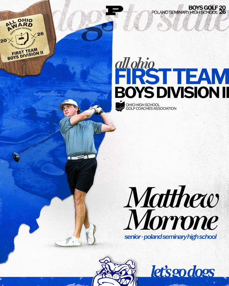 Poland Seminary High School Boys Golf 2026 graphic honoring senior Matthew Morrone as an Ohio High School Golf Coaches Association All Ohio First Team Boys Division II selection, shown mid-swing alongside the All Ohio Award plaque.