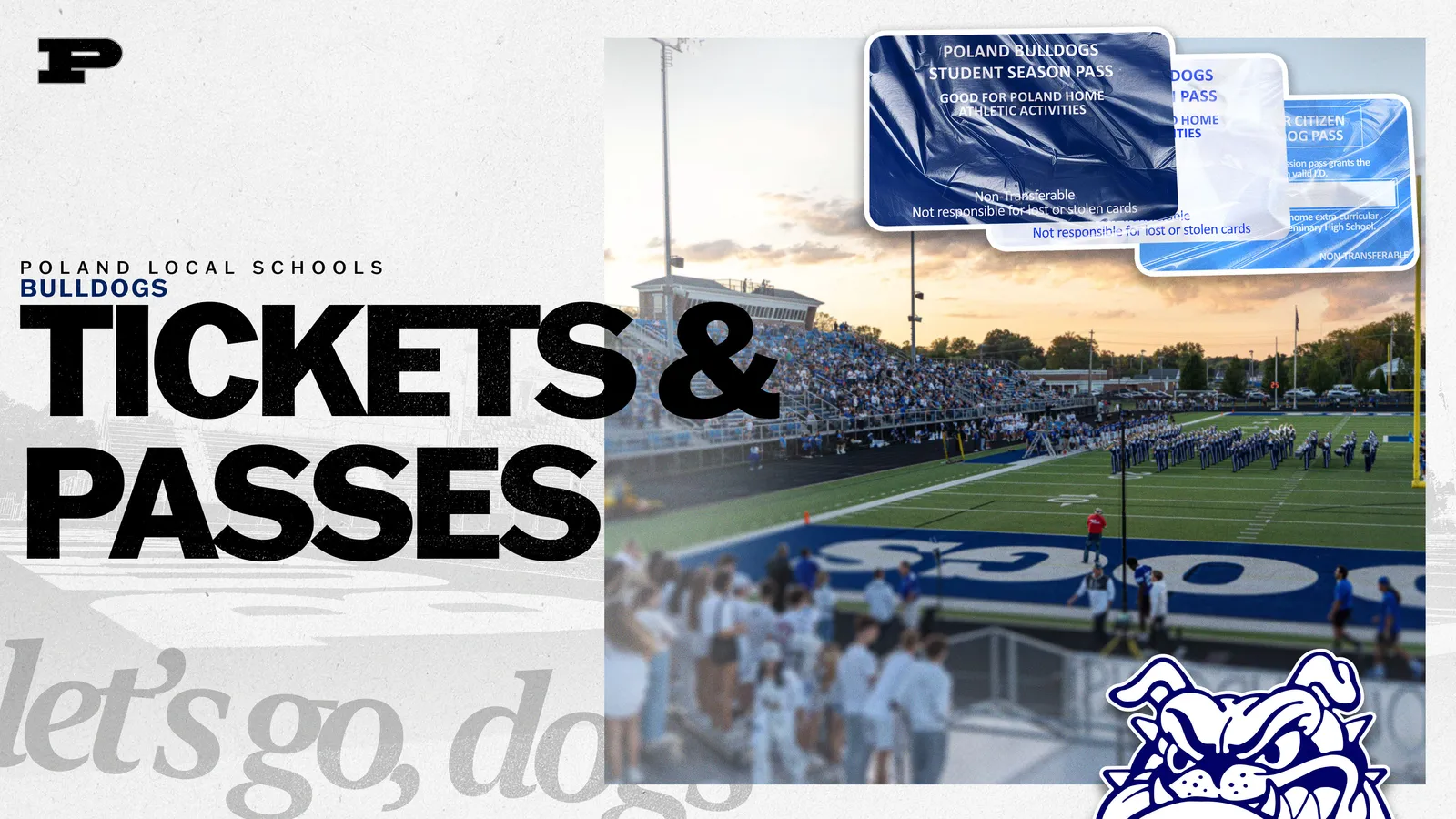A graphic featuring Poland Stadium at sunset, with fans in the crowd and a band on the Football field. There are Athletics Tickets & Passes from Poland Seminary High School being displayed for sale.