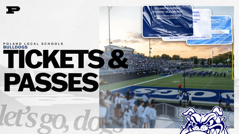 A graphic featuring Poland Stadium at sunset, with fans in the crowd and a band on the Football field. There are Athletics Tickets & Passes from Poland Seminary High School being displayed for sale.