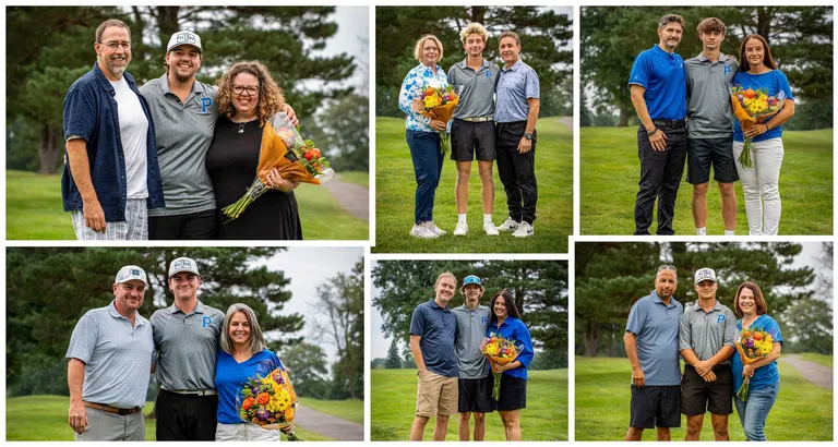 A collage of Poland Seminary High School 2026 Boys golfers with their parents on senior night.