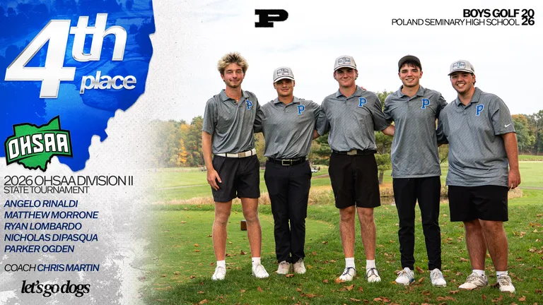 Poland Seminary High School Boys Golf 2026 graphic celebrating a 4th place finish at the OHSAA Division II State Tournament, featuring team members Angelo Rinaldi, Matthew Morrone, Ryan Lombardo, Nicholas DiPasqua, and Parker Ogden posing on the course under coach Chris Martin.