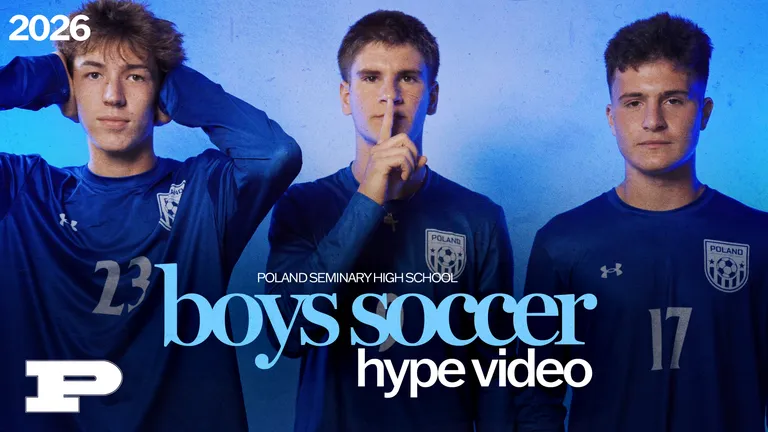 Graphic promoting the 2026 Boys Soccer Hype Video for Poland Seminary High School, featuring 3 Senior athletes posing in jerseys.