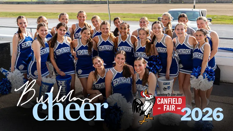 The Poland Seminary High School cheerleaders posed at the Canfield Fair Grandstands. The graphic shows the logo with text "Bulldogs Cheer, Canfield Fair 2026."