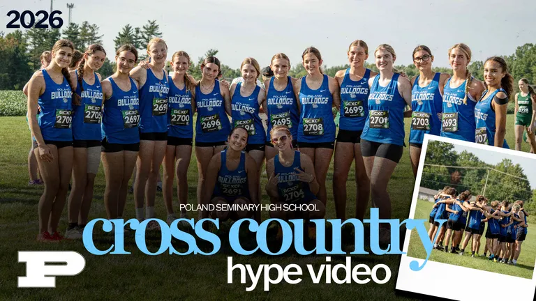 Poland Seminary High School 2026 Cross Country hype video graphic featuring the girls team posing for a photo and the boys team in a huddle.