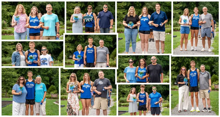 Collage of 2026 Poland Seminary High School Cross Country seniors posing with their parents at a Senior Night procession.