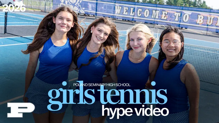 Graphic promoting the 2026 Girls Tennis Hype Video for Poland Seminary High School, featuring 4 Senior athletes posing in uniforms on the tennis courts.
