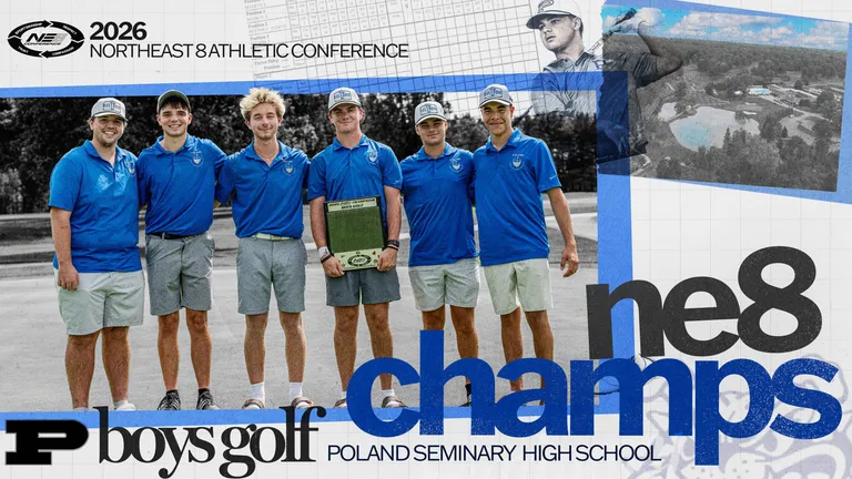 A graphic celebrating the 2026 Northeast 8 Athletic Conference Champions in Boys Golf, Poland Seminary High School. The graphic features six athletes in blue golfing uniforms on a golf course. The large text reads: NE8 Champs. There are golf graphic elements in the background.