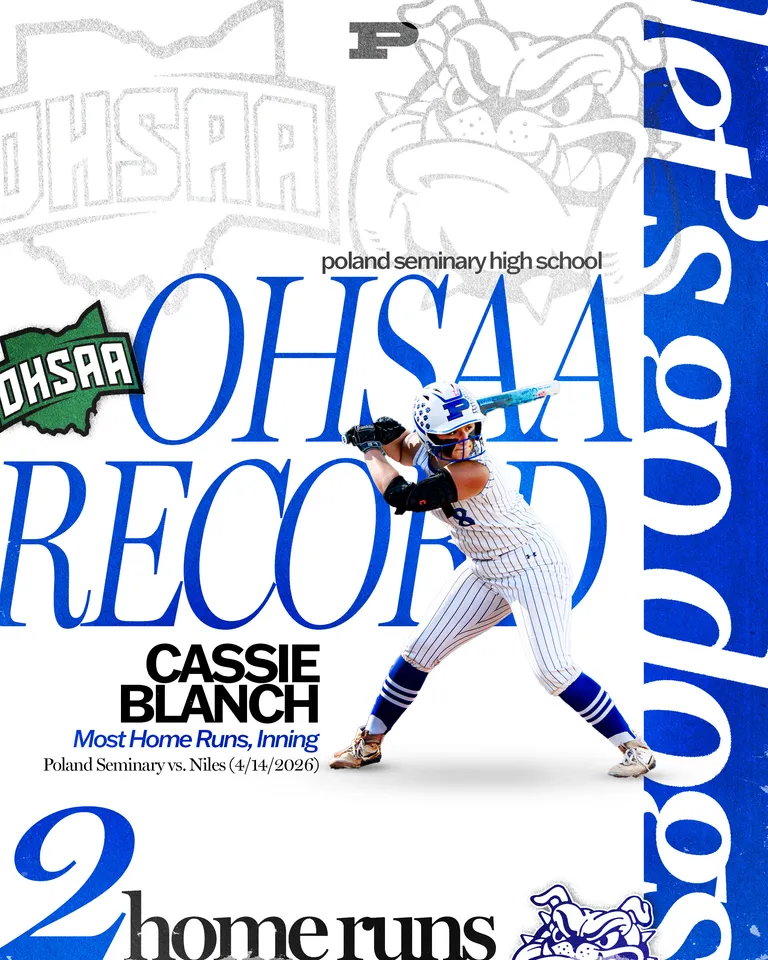 Poland Seminary High School OHSAA Record graphic honoring Cassie Blanch for Most Home Runs in an Inning — 2 home runs — set against Niles on April 14, 2026, shown mid-swing in her Poland uniform.