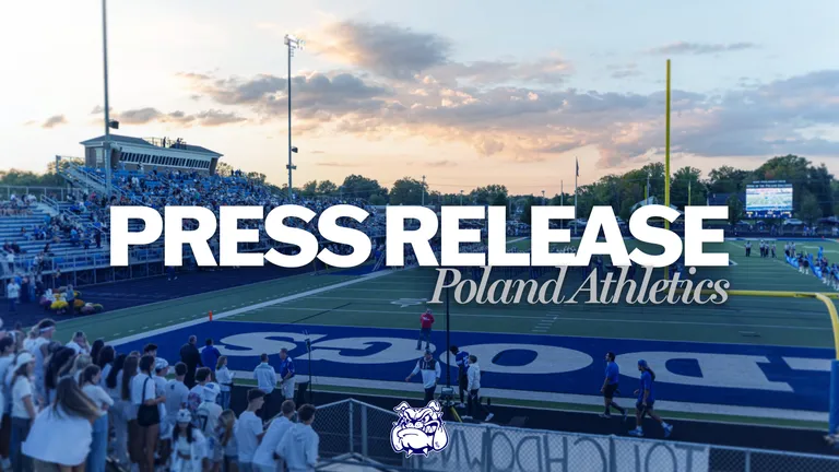 Press Release - Poland Athletics, Bulldog Logo and Scenic Shot of Poland Stadium during a pre-game band performance.