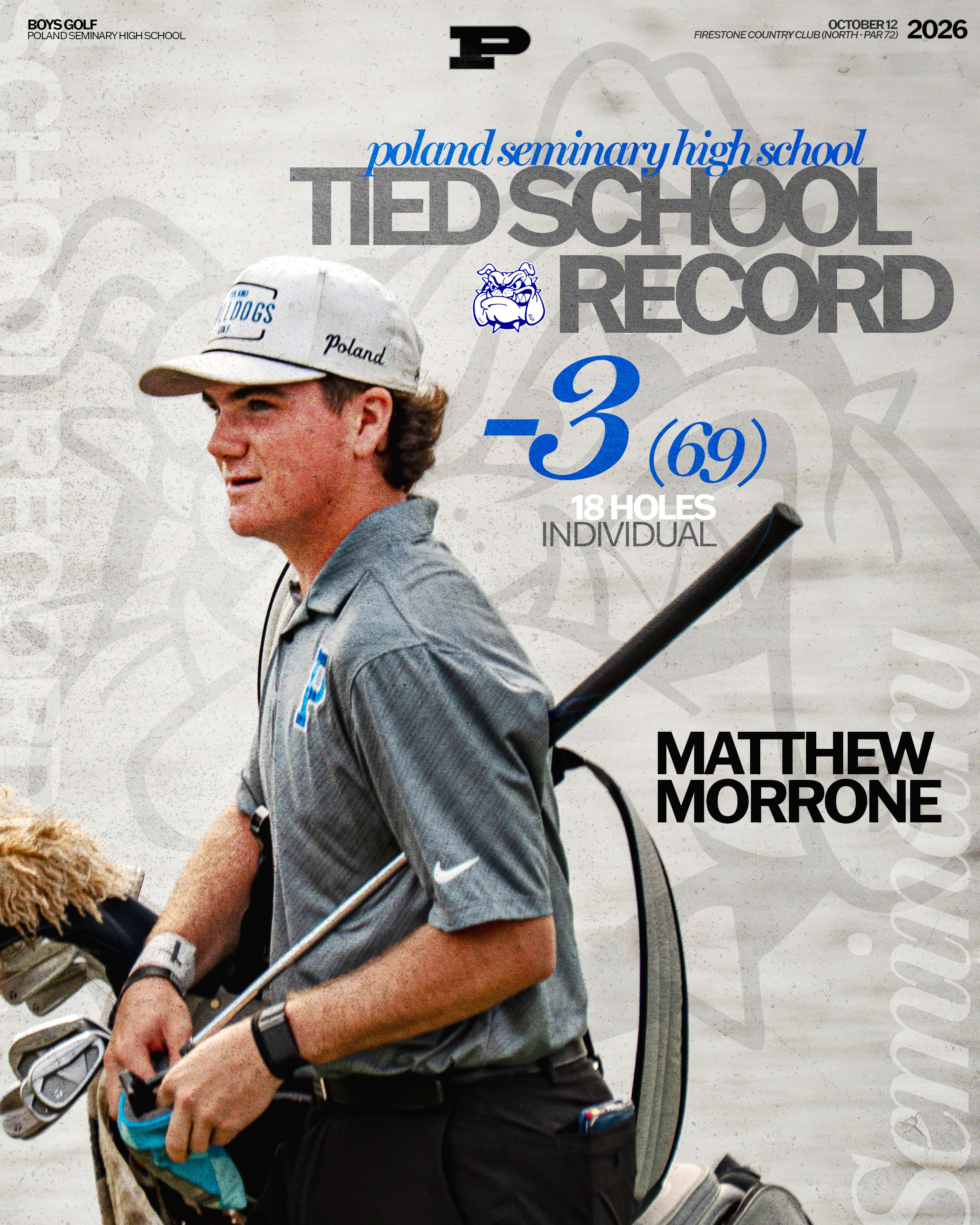 Poland Seminary High School Boys Golf graphic honoring Matthew Morrone for tying the school record with a -3 (69) individual 18-hole round at Firestone Country Club (North, Par 72) on October 12, 2026.