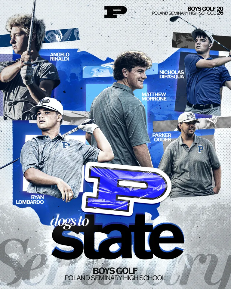 Poland Seminary High School Boys Golf 2026 "Dogs to State" graphic featuring individual action shots of team members Angelo Rinaldi, Matthew Morrone, Nicholas DiPasqua, Ryan Lombardo, and Parker Ogden.