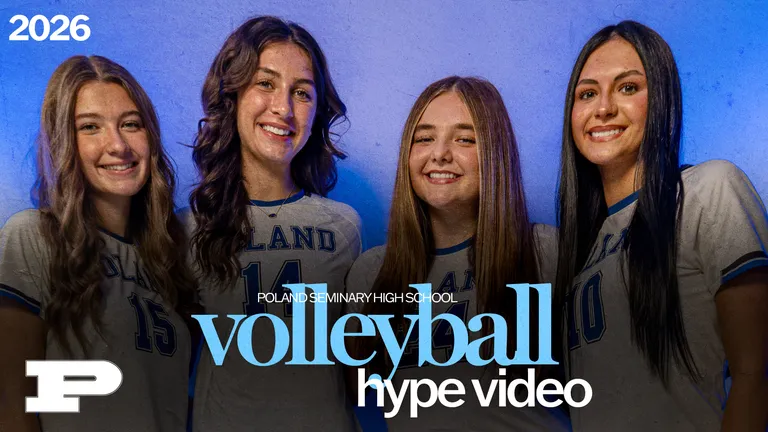 Graphic promoting the 2026 Volleyball Hype Video for Poland Seminary High School, featuring 4 Senior athletics posing in uniforms.