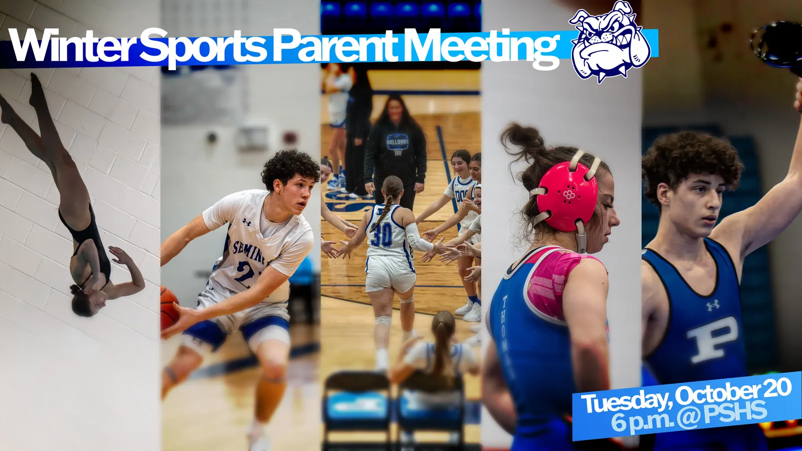 Collage of Poland Seminary High School winter sports athletes on a graphic promoting the Winter Sports Parent Meeting on October 20, 6 p.m. at Poland Seminary High School.