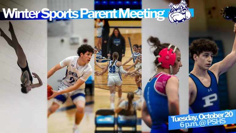 Collage of Poland Seminary High School winter sports athletes on a graphic promoting the Winter Sports Parent Meeting on October 20, 6 p.m. at Poland Seminary High School.